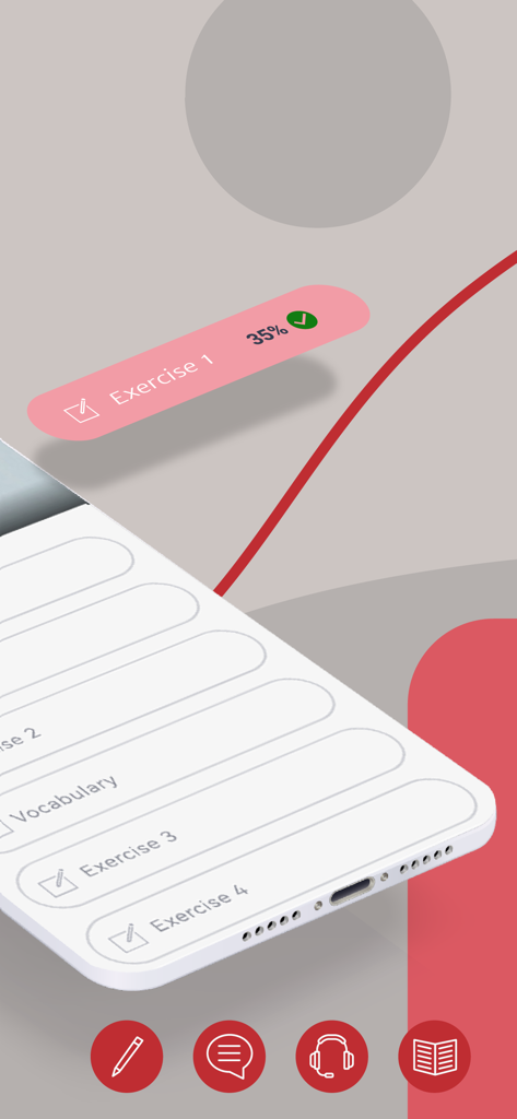 LLO - Schermo di un'app mobile che mostra esercizi di lingua lussemburghese con monitoraggio dei progressi e icone di apprendimento