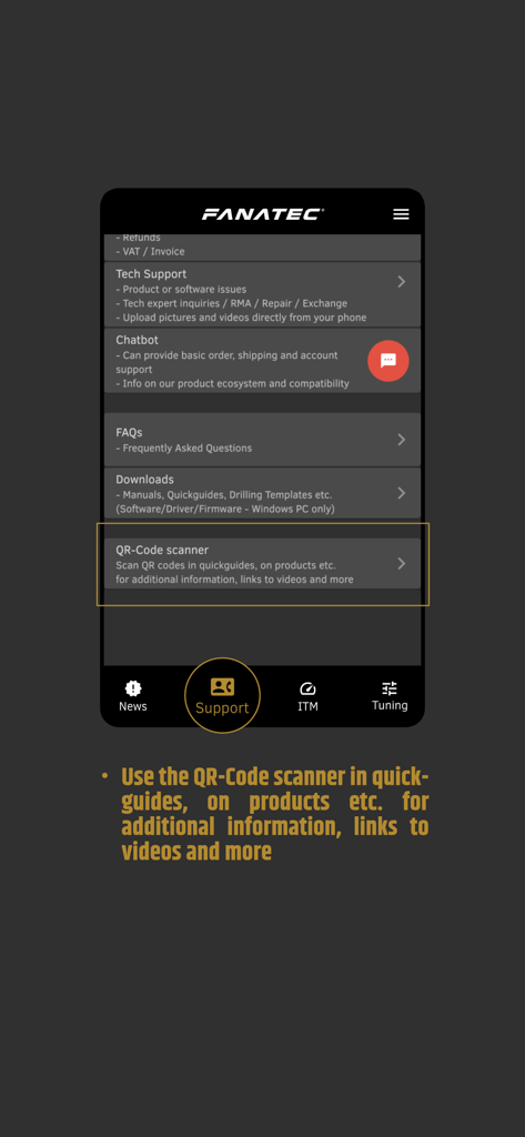 Fanatec App - Fanatec App support interface highlighting the QR code scanner for hardware guides and product information
