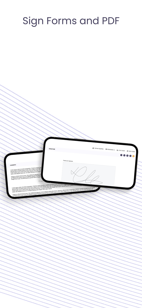 Interfaz de la aplicación PassportScan Cloud mostrando un campo de firma digital para formularios y PDF en un smartphone