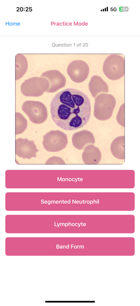 WBC Smart Lab - WBC Smart Lab practice mode interface showing a white blood cell identification quiz with a microscopic image and multiple choice options