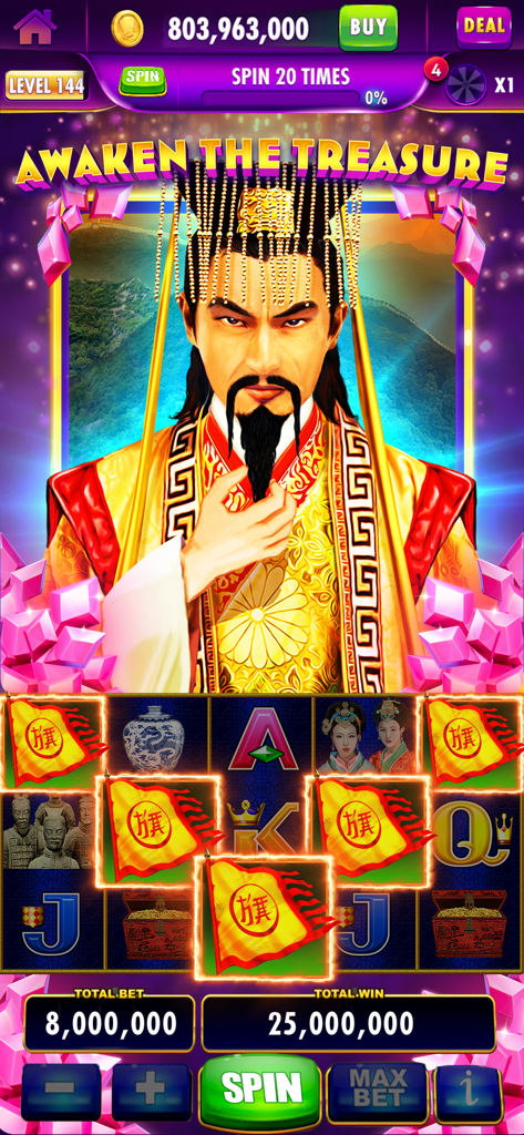 Screenshot of Cashman Casino virtual slot machine with an imperial Chinese theme and big win display