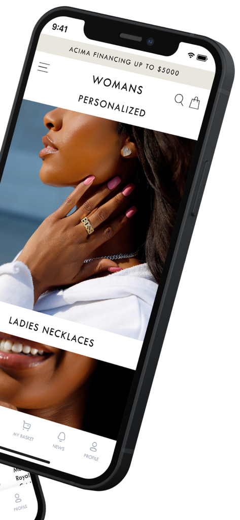 BAYAM JEWELRY - Bayam Jewelry mobile app displaying personalized gold rings and necklaces for women