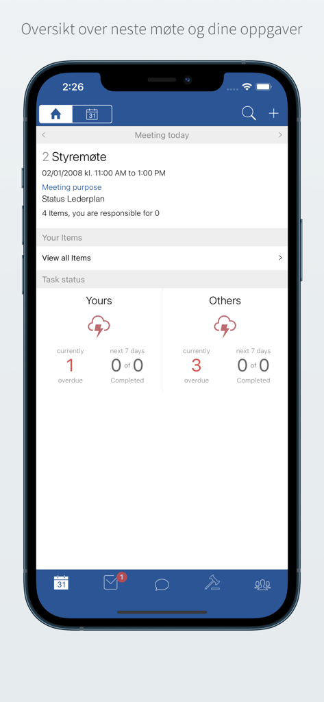 Styreplan3 - Styreplan3 mobile app dashboard showing a board meeting overview and task status for executives