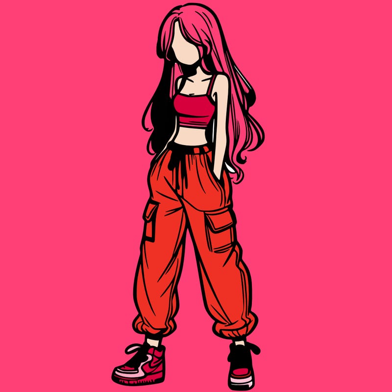 girl in baggy pants crop top and long hair