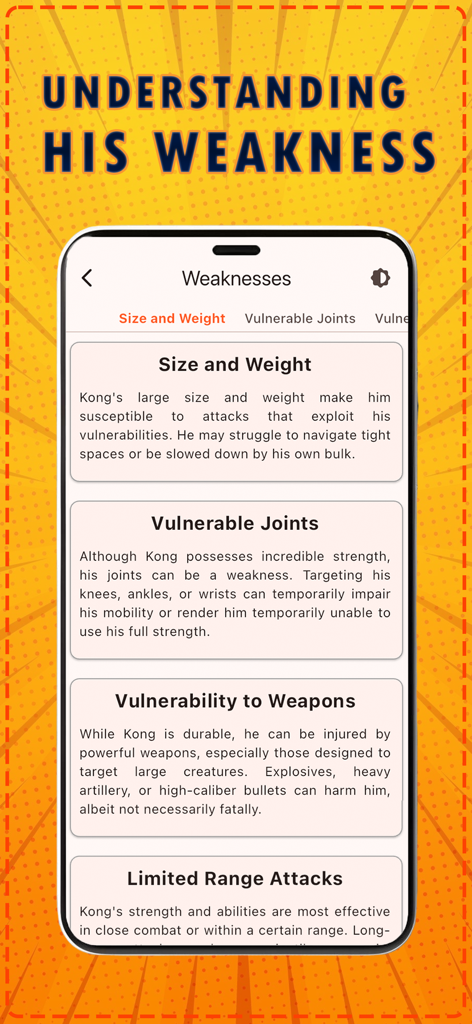 Kong Wiki | KongPedia - Mobile screen from the Kong Wiki app detailing King Kong's weaknesses and vulnerabilities