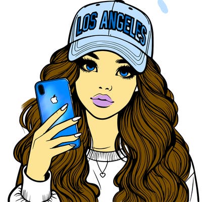 realistic beautiful girl wearing los ángeles cap holding an iphone