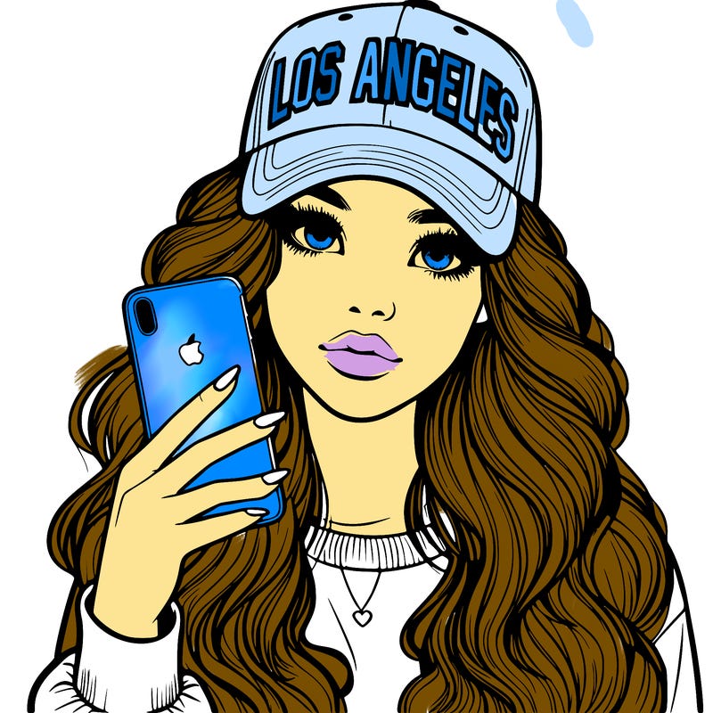 realistic beautiful girl wearing los ángeles cap holding an iphone