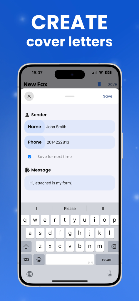 FaxFlow app screen for creating a professional fax cover letter on iPhone