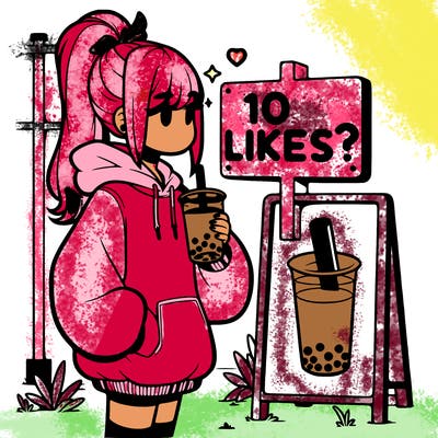girl with oversized hoodie drinking boba and she has a high ponytail with a sign that says 10likes?