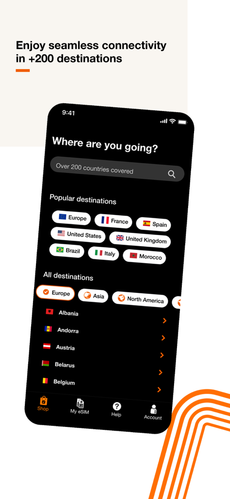 Orange Travel app shop screen displaying a search bar and a list of over 200 countries for prepaid eSIM plans.