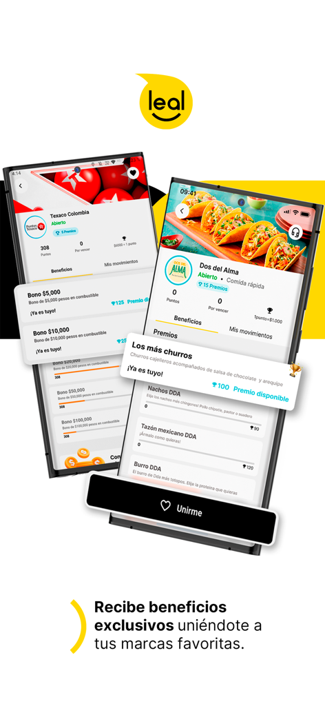 Two smartphones displaying the Leal app interface with loyalty rewards for Texaco and a local restaurant