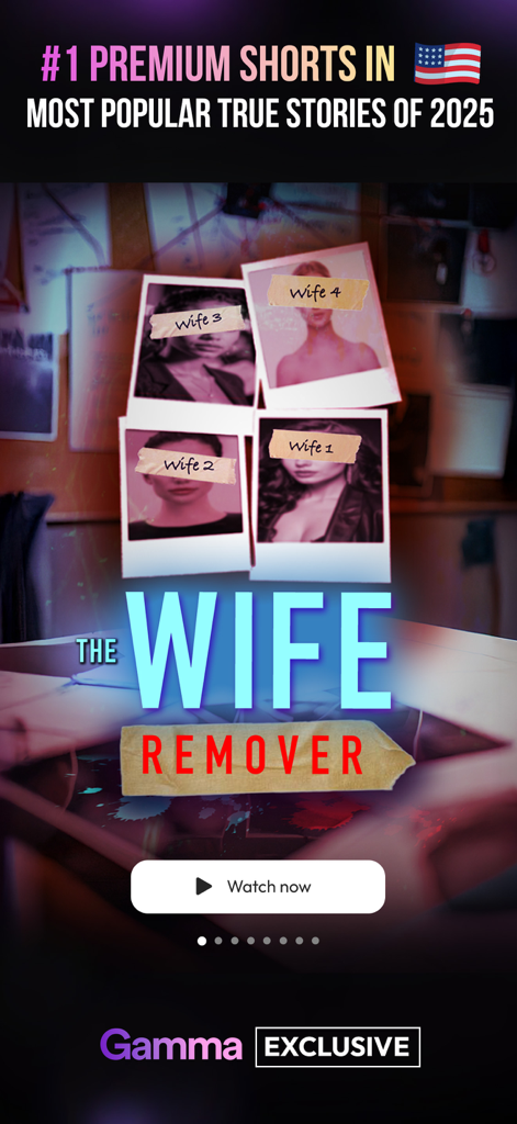 Pantalla promocional de la aplicación GammaTime con la serie de true crime The Wife Remover con un tablero de investigación y fotos de cuatro mujeres.