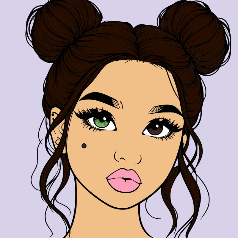 realistic girl with two buns on her hair and lips