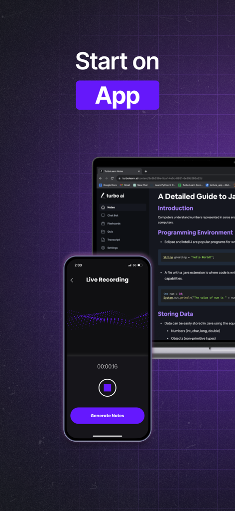 Turbo AI mobile app recording live audio while syncing study notes to a computer interface