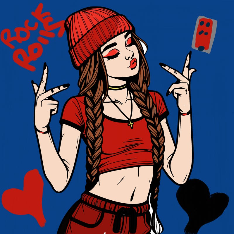 realistic teenage girl with braids and a beanie and crop top doing 🫶🏼