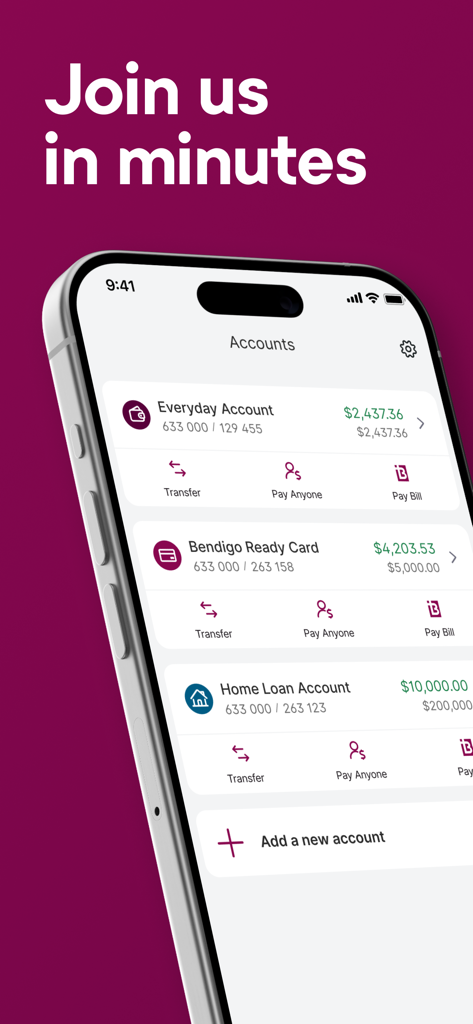 Bendigo Bank mobile app screen showing account balances for Everyday, Ready Card, and Home Loan accounts.