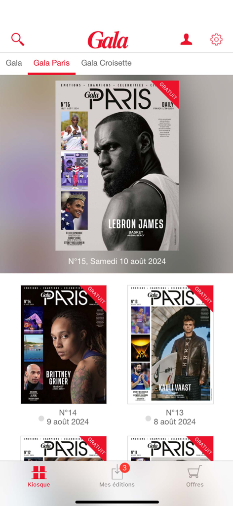 Digital newsstand in the Gala app featuring magazine covers of celebrities like LeBron James.