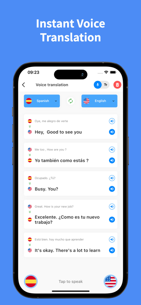 Talk Translator : Voice, Photo - Écran de smartphone montrant l'application eTranslator avec une traduction vocale en temps réel entre l'espagnol et l'anglais