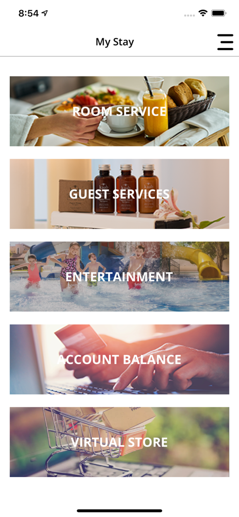 Park Royal Hotels & Resorts - Park Royal Hotels app menu showing options for room service guest services entertainment account balance and virtual store