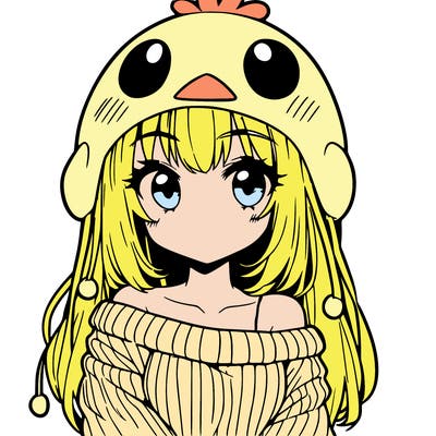 anime girl with chick shaped hat with sweater with bare shoulders with bangs covering them one eye with low tail