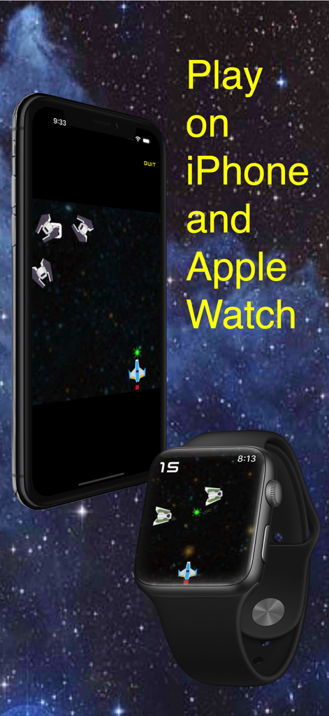 Jupiter Attack - Jupiter Attack game displayed on both iPhone and Apple Watch screens