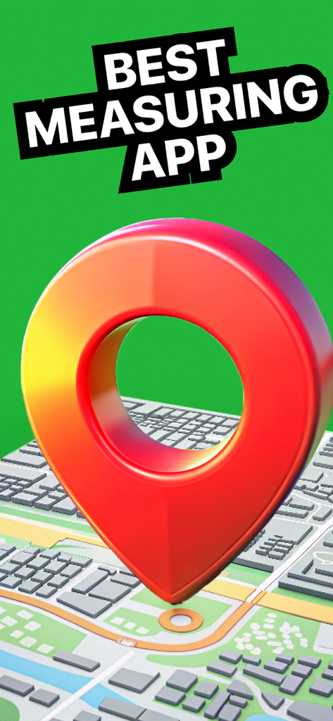 Field Area Measure - Land GPS - 3D都市地図の上に大きな赤い地図ピンがあり、「最高の測定アプリ」と書かれています。