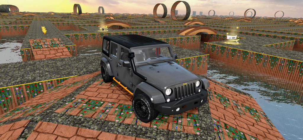 Customs Restore Cars Garage 3D - Grey off-road vehicle navigating a complex 3D maze with stunt loops and ramps