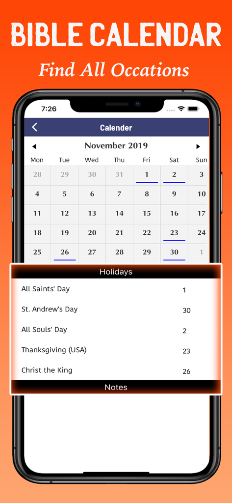 Catholic Holy Bible with Audio - Catholic Bible app calendar screen displaying religious holidays and feast days