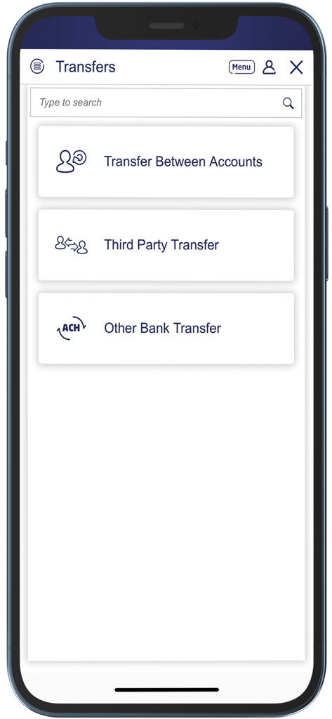 Atlantic Bank Mobile Banking - Pantalla de opciones de transferencia de la aplicación de banca móvil de Atlantic Bank que muestra opciones para transferencias entre cuentas, a terceros y a otros bancos.