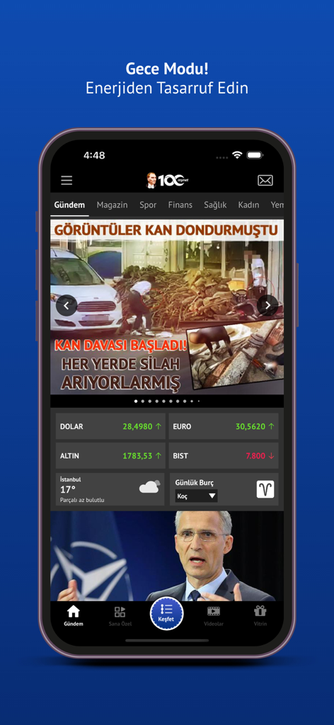 Mynet Haber - Son Dakika - Mynet Haber mobile app interface featuring dark mode with news headlines and financial market data in Turkish