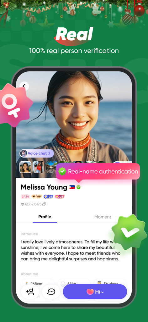 Siya - Make friends for real - Pantalla de perfil de usuario en la aplicación Siya que muestra una cuenta verificada de persona real con insignias de autenticación