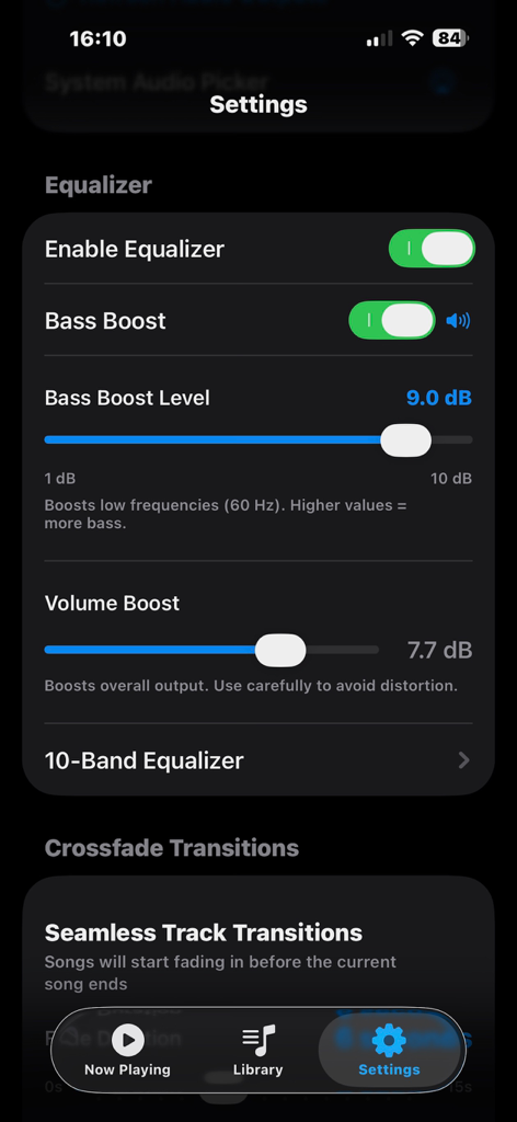 Whymzy Music Player - Whymzy Music Player app settings showing equalizer and bass boost controls
