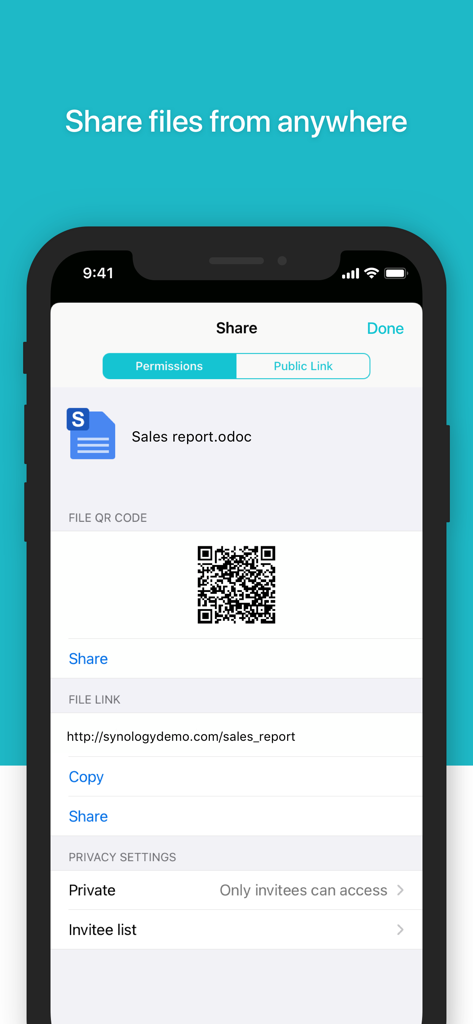QRコードとプライバシー設定による安全なファイル共有オプションが表示された Synology Drive モバイルアプリのインターフェース