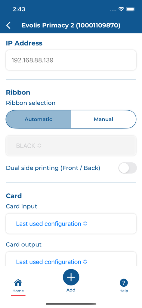 Evolis Print Service - IPアドレスやリボンタイプなどのカードプリンター設定を管理するためのEvolis Print Serviceアプリの設定画面。