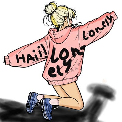 realistic girl jumping with a bun and oversized sweatshirt
