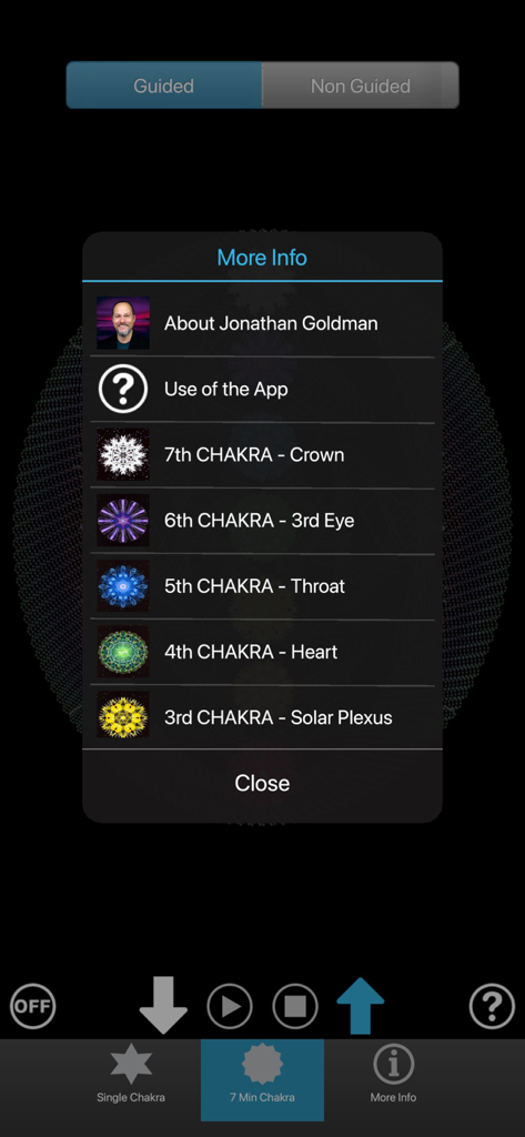 Chakra Tuner Jonathan Goldman - The More Info menu screen of the Chakra Tuner app displaying various chakra categories and educational options