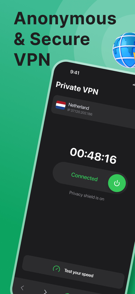 Dark Web Browser - VPN Proxy - App interface showing a private VPN connection to a Netherlands server with privacy shield active