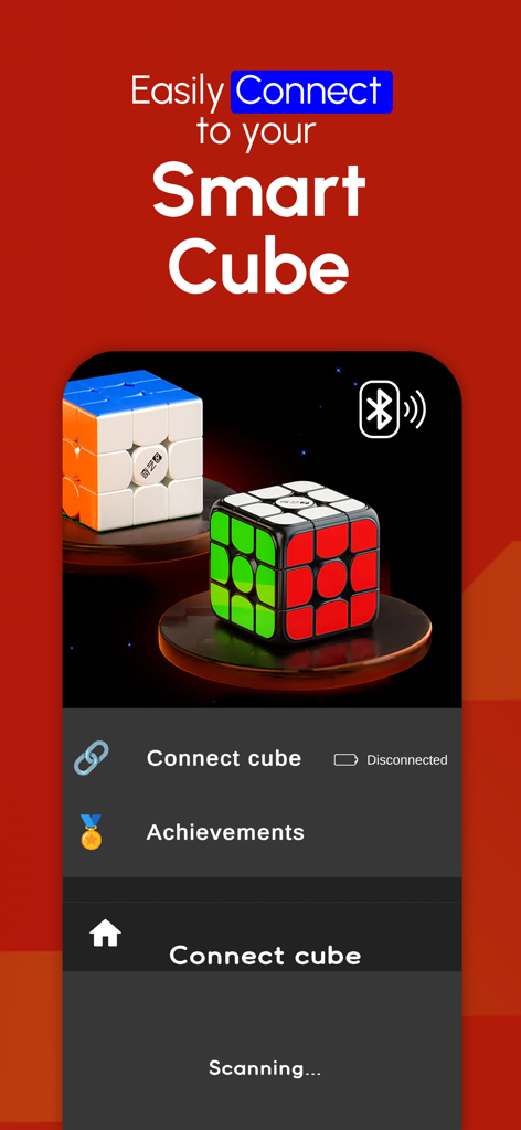 CubeHub app screen showing the Bluetooth connection feature for pairing a smart cube