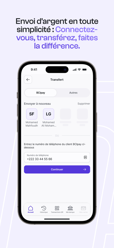 BCIpay - BCIpay mobile app screen showing options for sending money to contacts or via phone number.