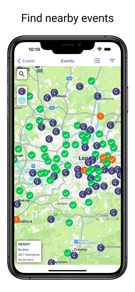 Interfaccia mappa dell'app mobile che mostra le posizioni parkrun nelle vicinanze.