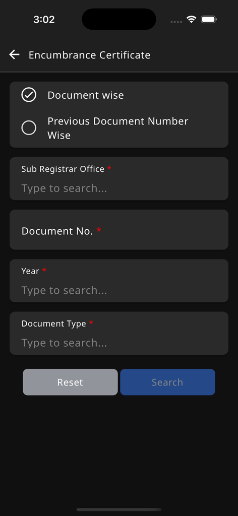 TNREGINET - Encumbrance Certificate search screen in the TNREGINET app