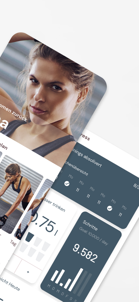 GetFit Training App - Interface of the GetFit app showing a fitness creator, step tracker, water intake, and training progress cards.