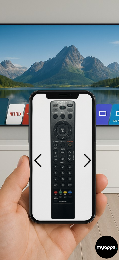 Remote For LG Smart TVs - Una mano sosteniendo un iPhone mostrando una interfaz de control remoto digital LG para TV frente a un televisor inteligente.