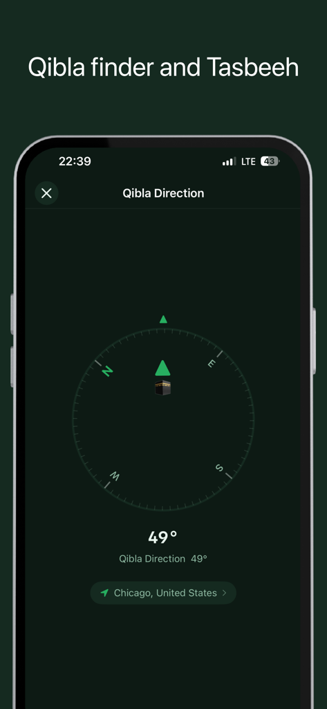 A smartphone screen showing a digital compass for finding the Qibla direction in the Quran Widgets app