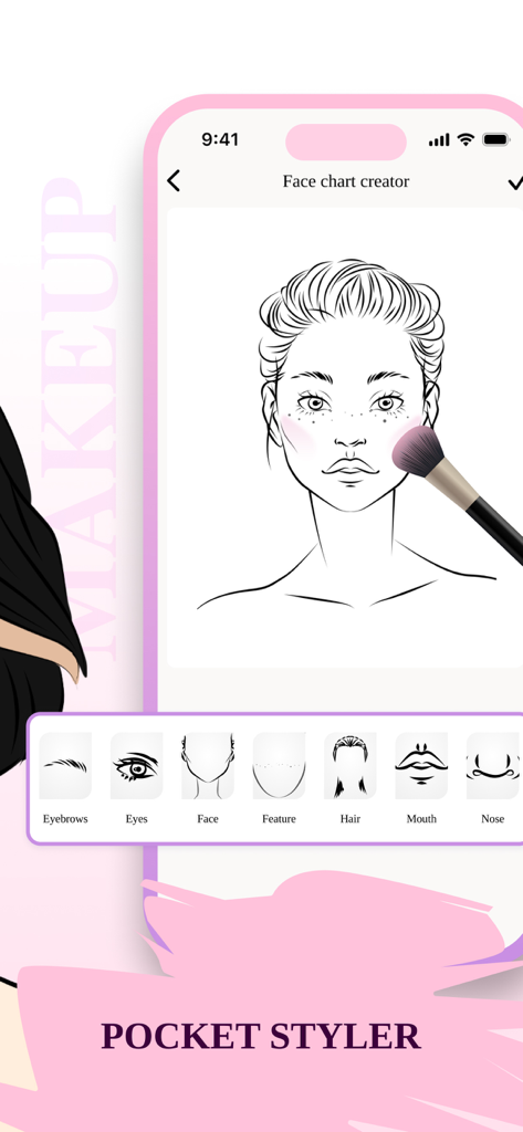MakeUp Artist Pocket Studio - Il creatore di face chart dell'app MakeUp Artist Pocket Studio mentre un pennello da trucco applica fard a uno schizzo digitale.