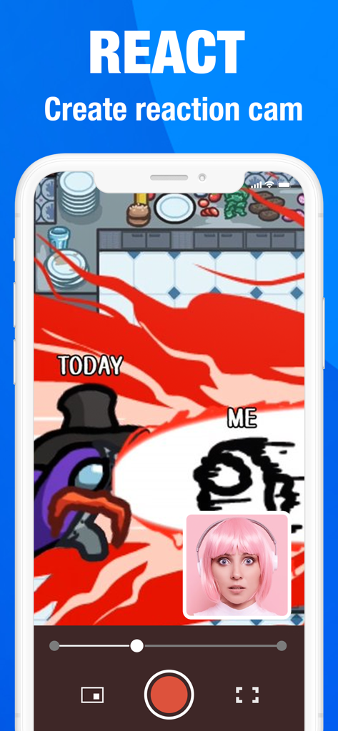 Screen recorder. Recording app - iPhone screen recorder displaying a gaming reaction video with picture-in-picture facecam