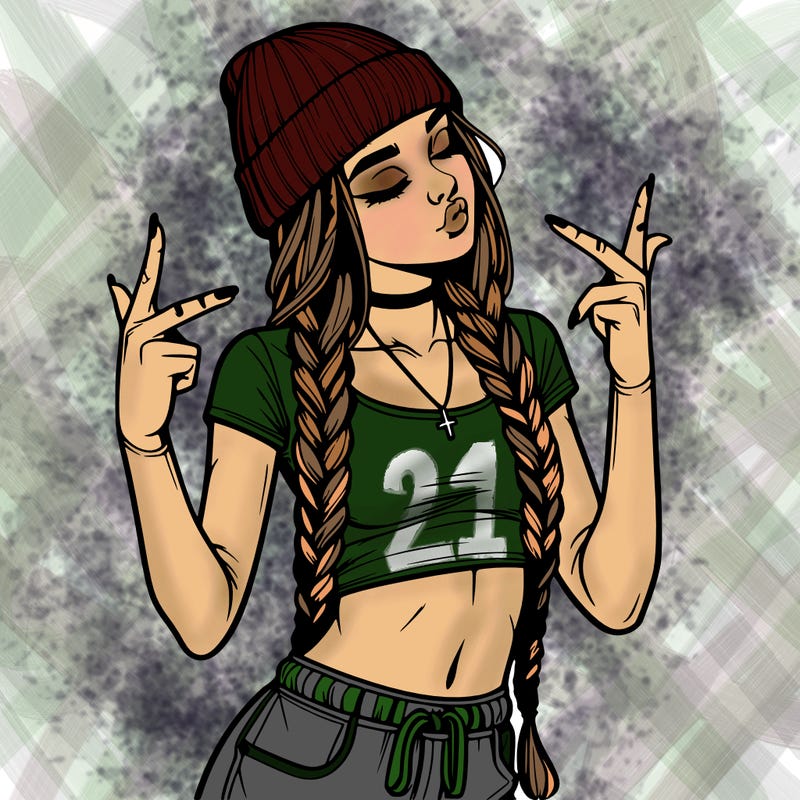 realistic teenage girl with braids and a beanie and crop top doing 🫶🏼
