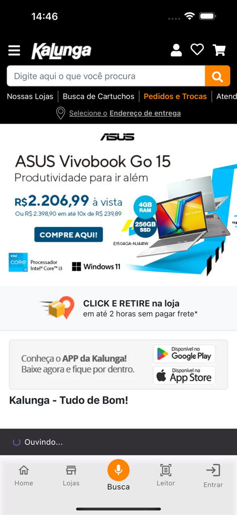 Kalungaモバイルアプリのホーム画面。ASUS Vivobookラップトップのプロモーションバナーとクリック＆コレクトサービスの告知が表示されています。