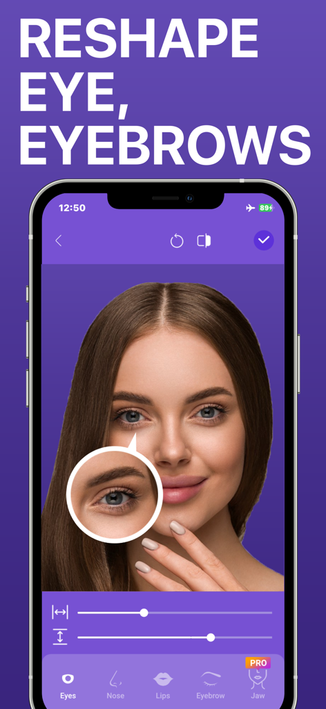 BeautyTune - Blemish Remover - Interfaz de la aplicación BeautyTune mostrando herramientas de remodelación facial para ojos y cejas en una foto de retrato