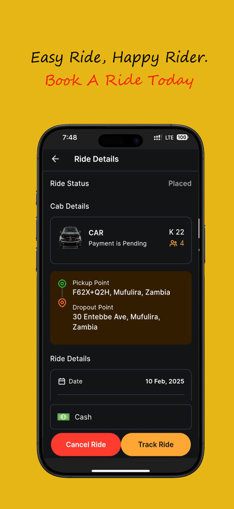 Bert Ride - Interfaz de la app Bert Ride mostrando detalles del viaje y opciones de seguimiento